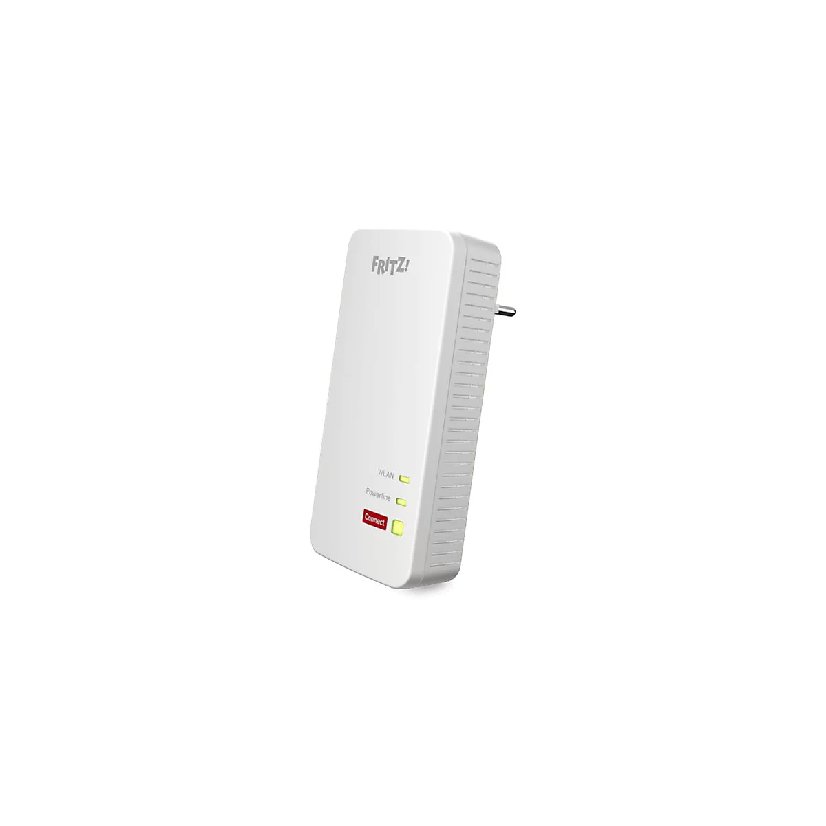 Weißer FRITZ! Powerline-Adapter mit Stecker, WLAN- und Powerline-Anzeigen sowie roter Connect-Taste.