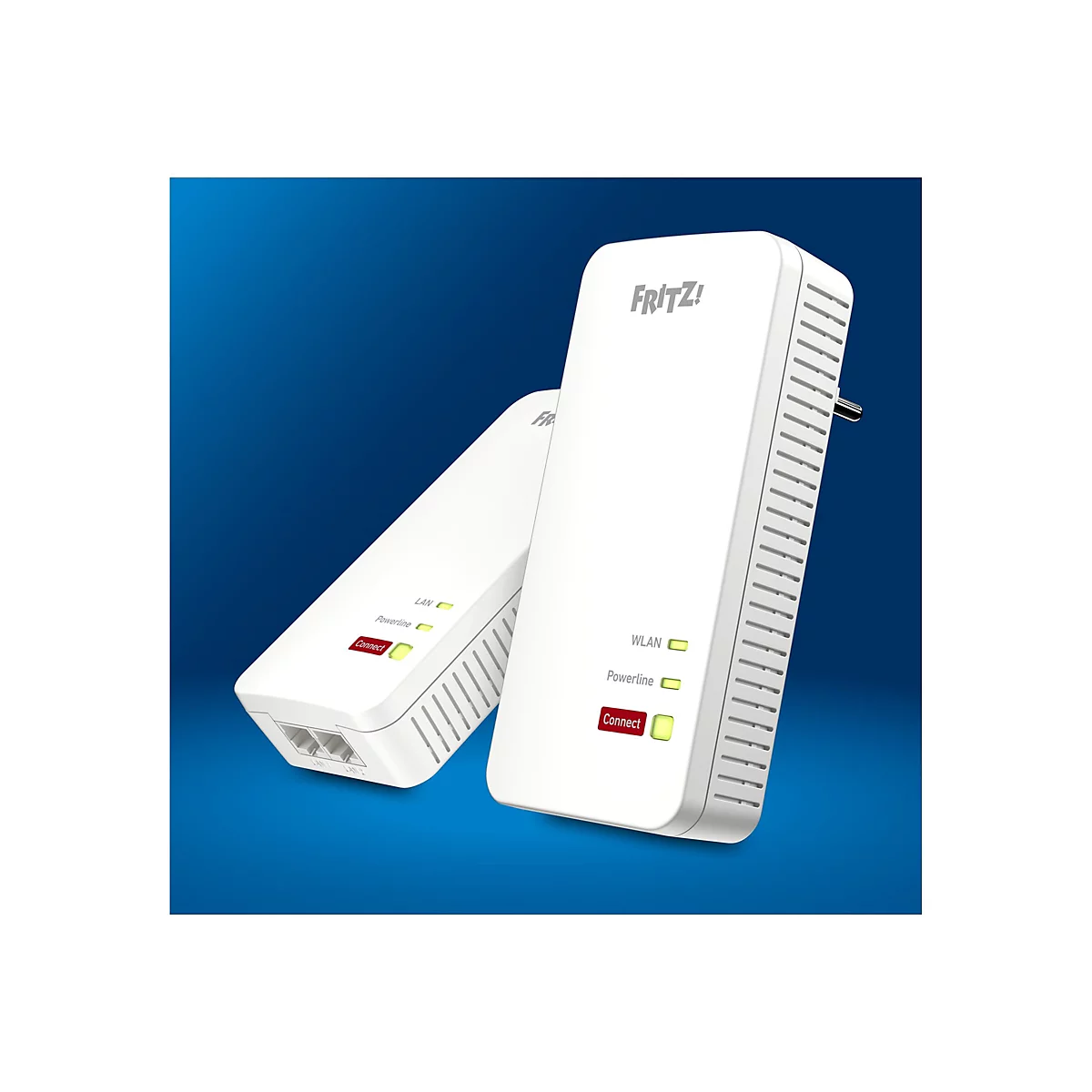 Zwei weiße Fritz!Powerline-Adapter mit Status-LEDs und Connect-Taste vor blauem Hintergrund.
