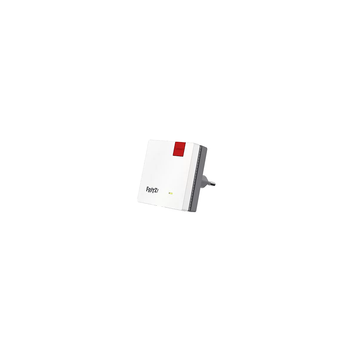 Weißer FRITZ!Repeater mit roter Connect-Taste und leuchtender LED auf weißem Hintergrund.