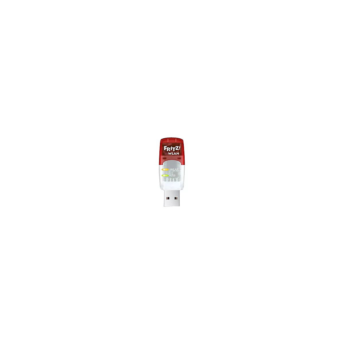 FRITZ!WLAN USB-Stick mit weißem Gehäuse, roter Kappe und zwei leuchtenden Status-LEDs.