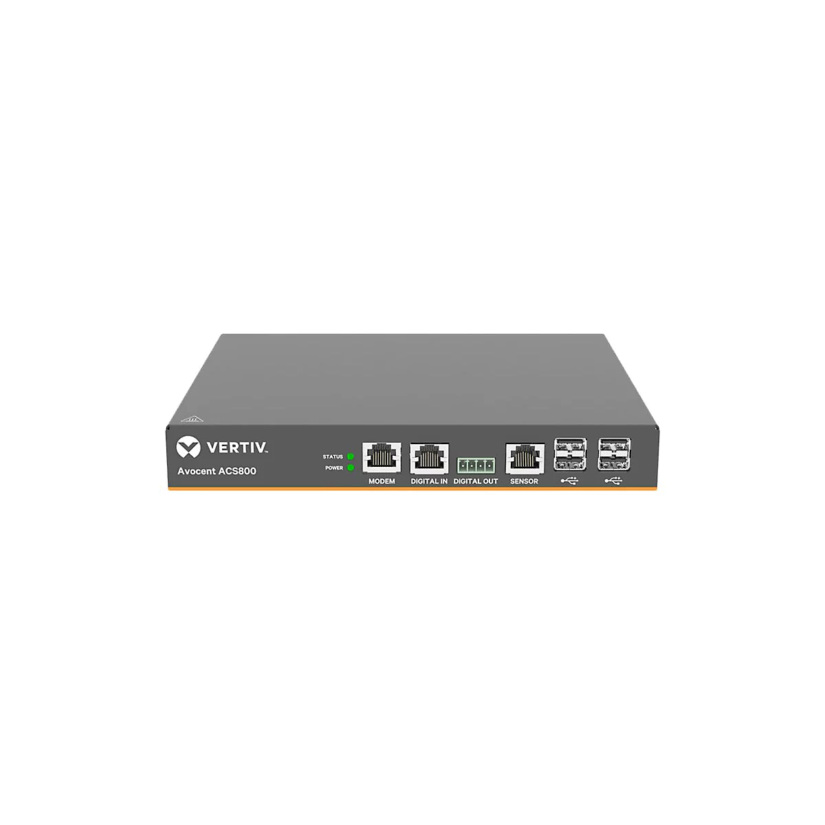 Grauer Vertiv ACS800-Server mit AnschlÃ¼ssen fÃ¼r Modem, Sensor, USB. Aufschrift: Status, Power.