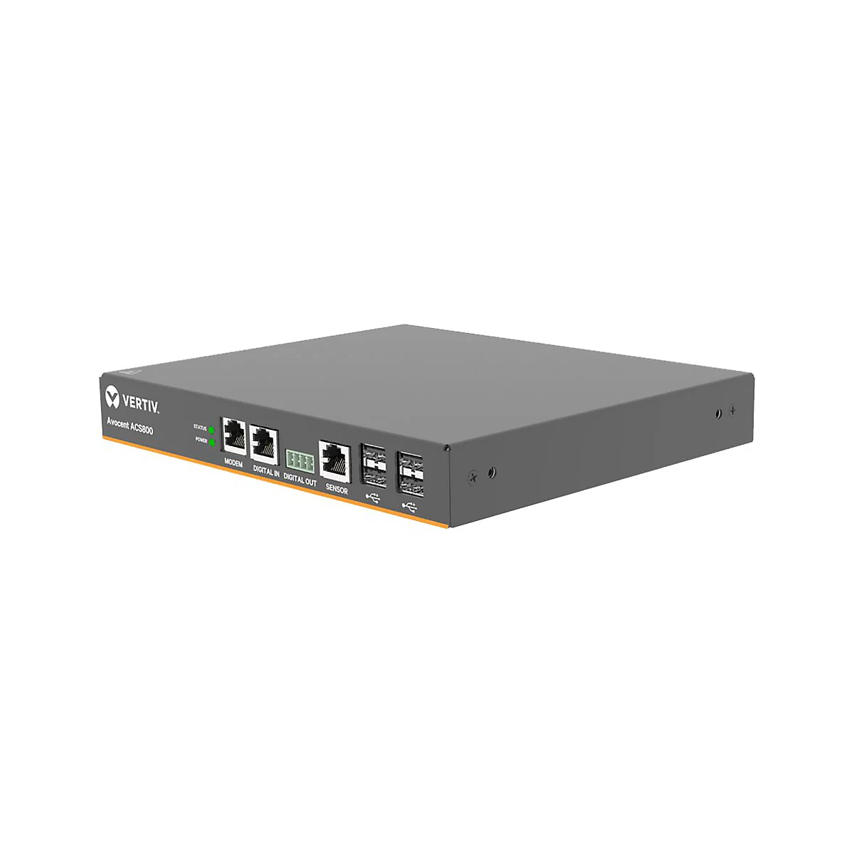 BoÃ®tier Ã©lectronique gris avec connecteurs. Inscription Vertiv et nom du modÃ¨le.