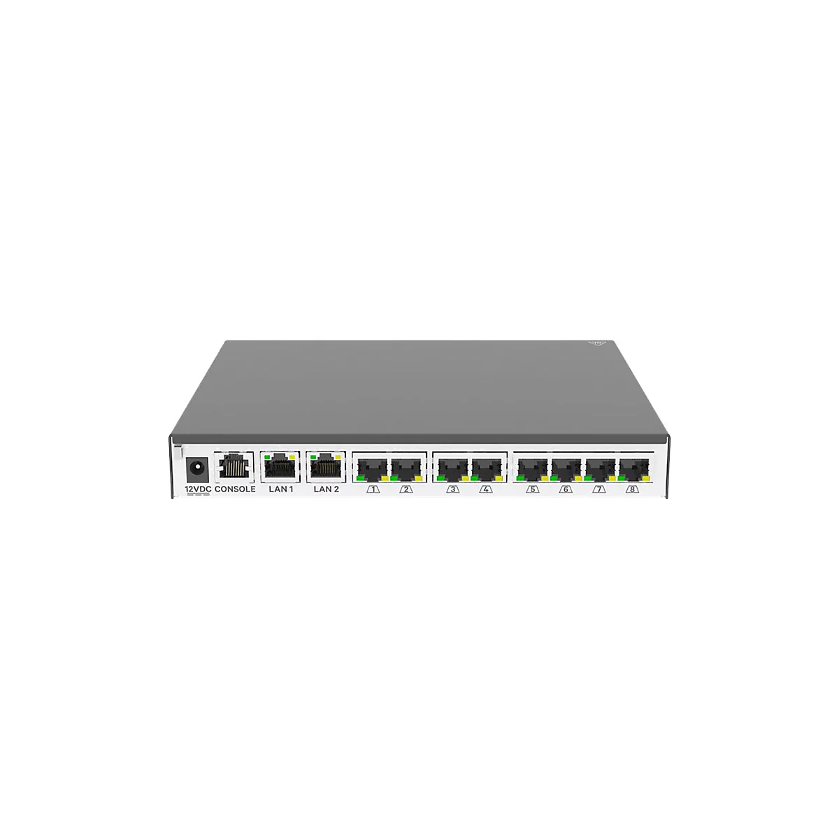 Commutateur rÃ©seau gris avec divers ports et des Ã©tiquettes comme LAN 1, LAN 2.