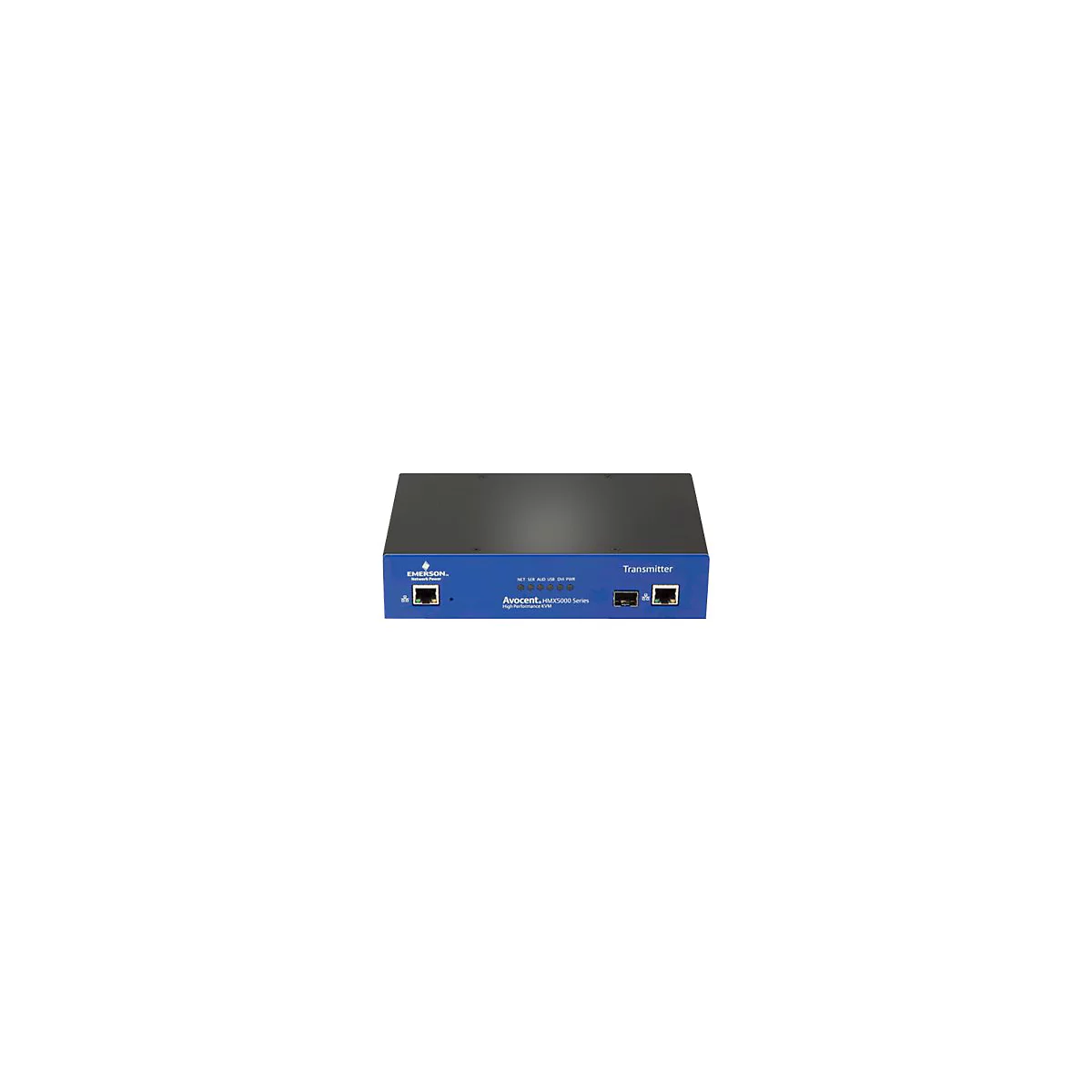 Extendeur KVM bleu et noir. Inscription : Avocent HMX5000 Series Transmitter.