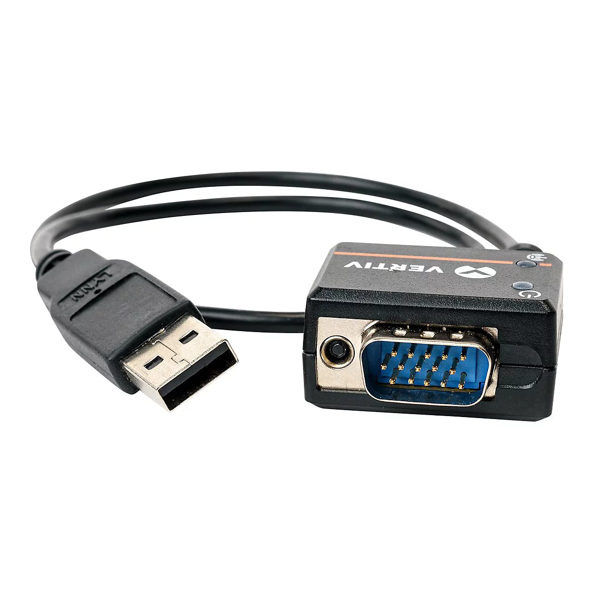 Schwarzes Kabel mit USB-Anschluss und VGA-Stecker, Marke VERTIV.