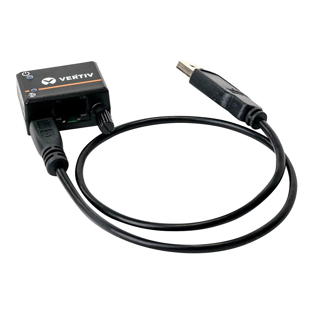 Appareil Vertiv noir avec câbles et connecteurs. Le connecteur USB se connecte à l'appareil. Inscription "VERTIV".