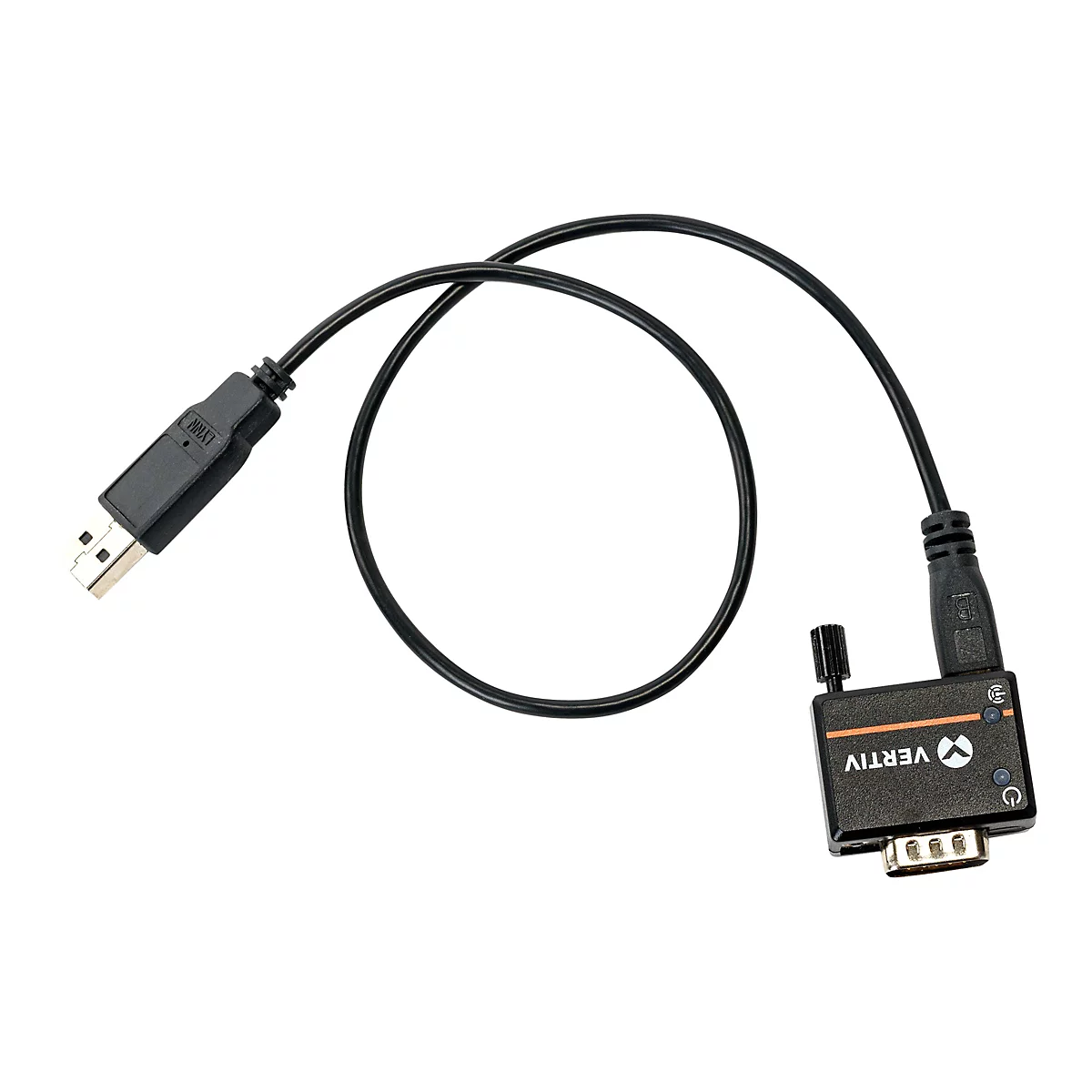Un câble de données noir se terminant par un connecteur USB et un connecteur série, avec le logo 'Vertiv'.