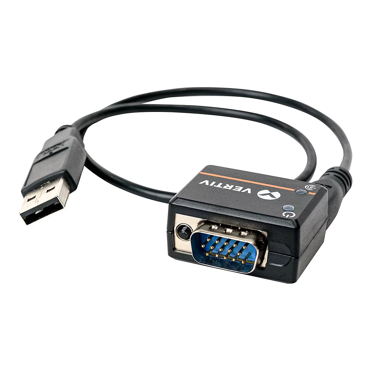 Câble USB vers série noir avec connecteur, logo et texte Vertiv.