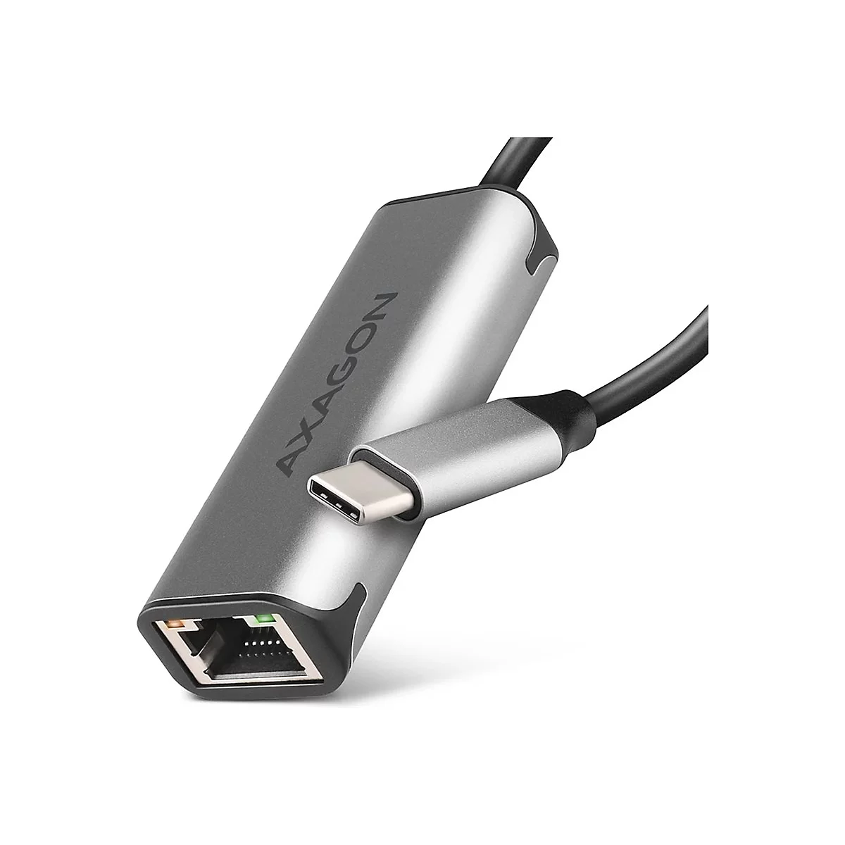 Grauer USB-C-auf-Ethernet-Adapter der Marke Axagon mit kurzem Kabel vor weißem Hintergrund.