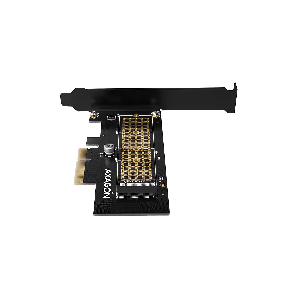 Schwarze Axagon PCIe-Adapterkarte für M.2 NVMe SSDs auf weißem Hintergrund.