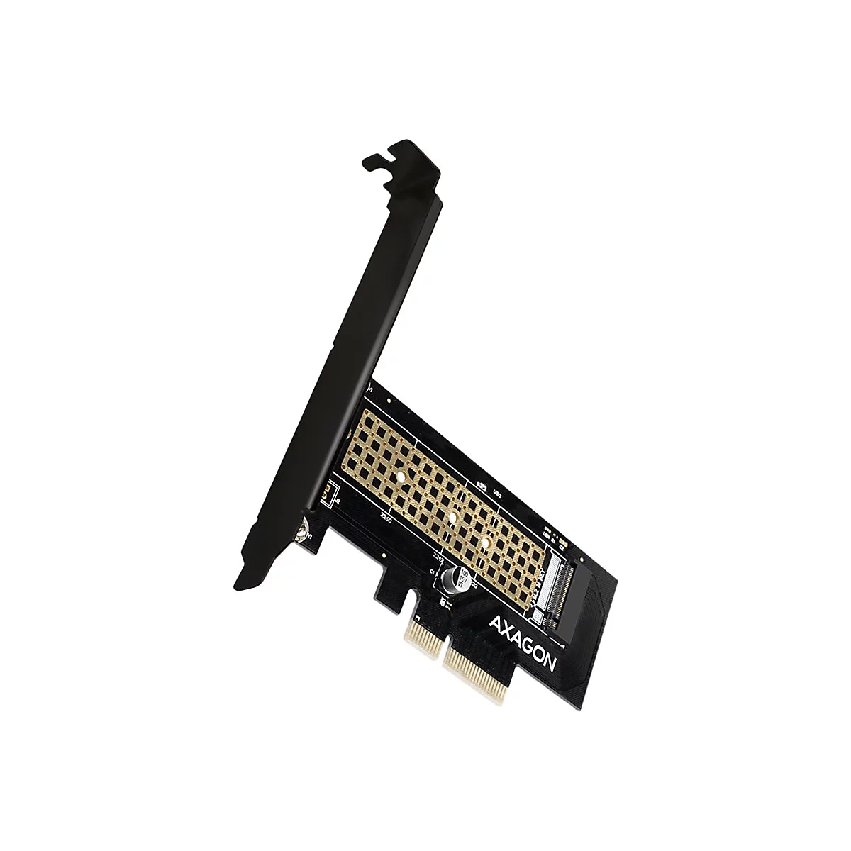 Schwarze Axagon M.2 NVMe PCIe Adapterkarte auf weißem Hintergrund.