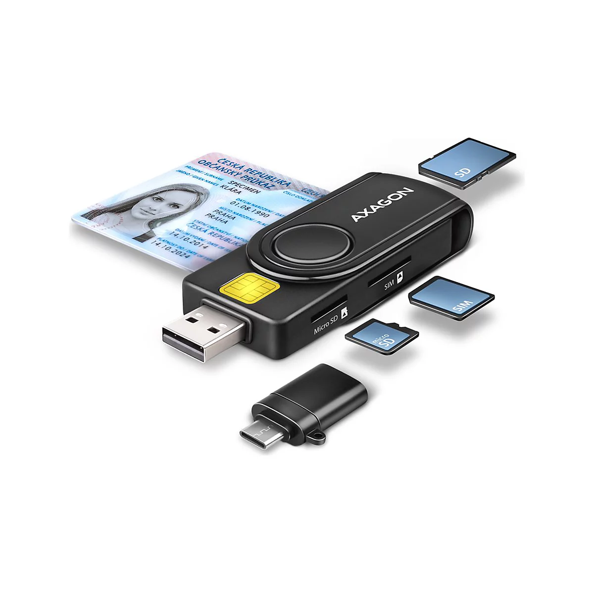 Schwarzer Axagon Kartenleser mit USB-Stecker, Chipkartenleser-Funktion, verschiedenen Speicherkarten und ID-Karte.