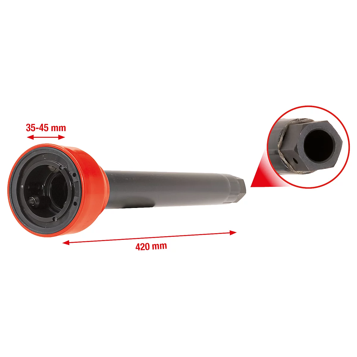 Werkzeug in Grautönen mit rotem Detail, Maße angegeben: 35-45 mm und 420 mm, Detailaufnahme des Hexagon-Endes.