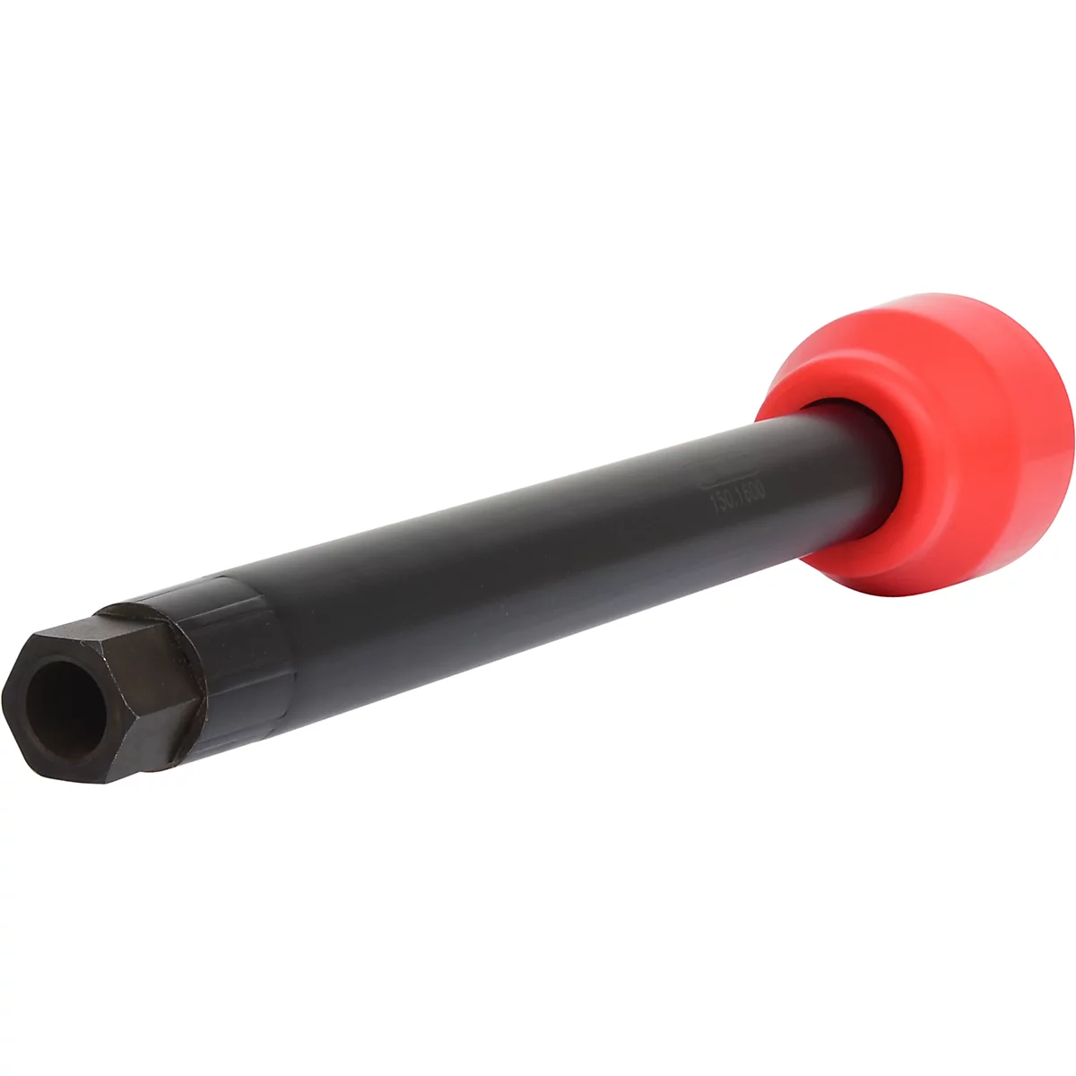Schwarzes Metallwerkzeug mit roter Kappe. Das Werkzeug hat ein sechseckiges Ende und einen langen, zylindrischen Schaft.