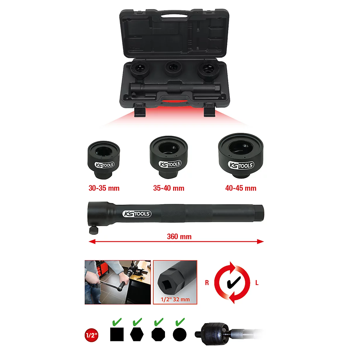 Ein Set Werkzeuge in einer schwarzen Box, mit drei runden Adaptern, einer Stange und Anwendungshinweisen.