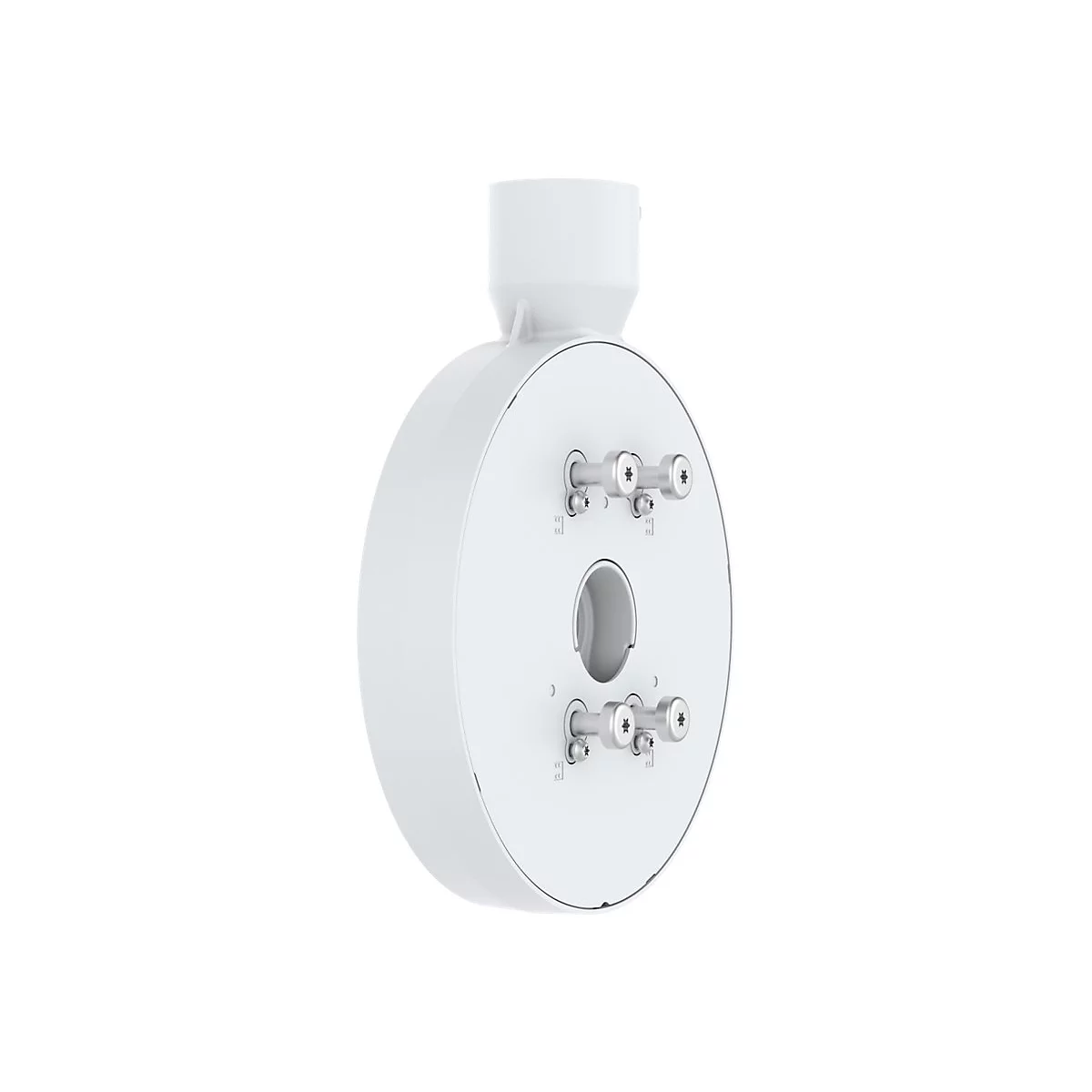 Appareil blanc et rond avec support. Fixation cylindrique en haut, vis et ouverture à l'avant.