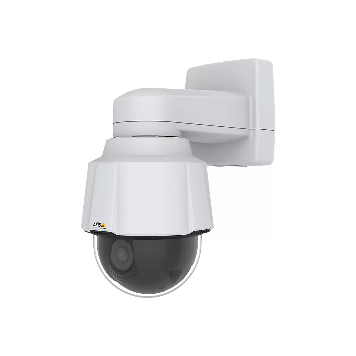 Une caméra de sécurité blanche avec un dôme noir, et le logo Axis. Elle est montée sur un support mural blanc.