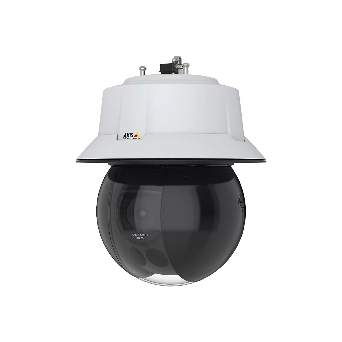Une caméra de surveillance blanche, sphérique avec un dôme noir, portant l'inscription "LASER FOCUS IR LED".