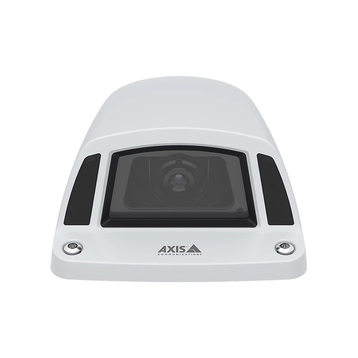 Gros plan sur une caméra de sécurité blanche avec un objectif noir. L'inscription AXIS COMMUNICATIONS est visible sur le boîtier.