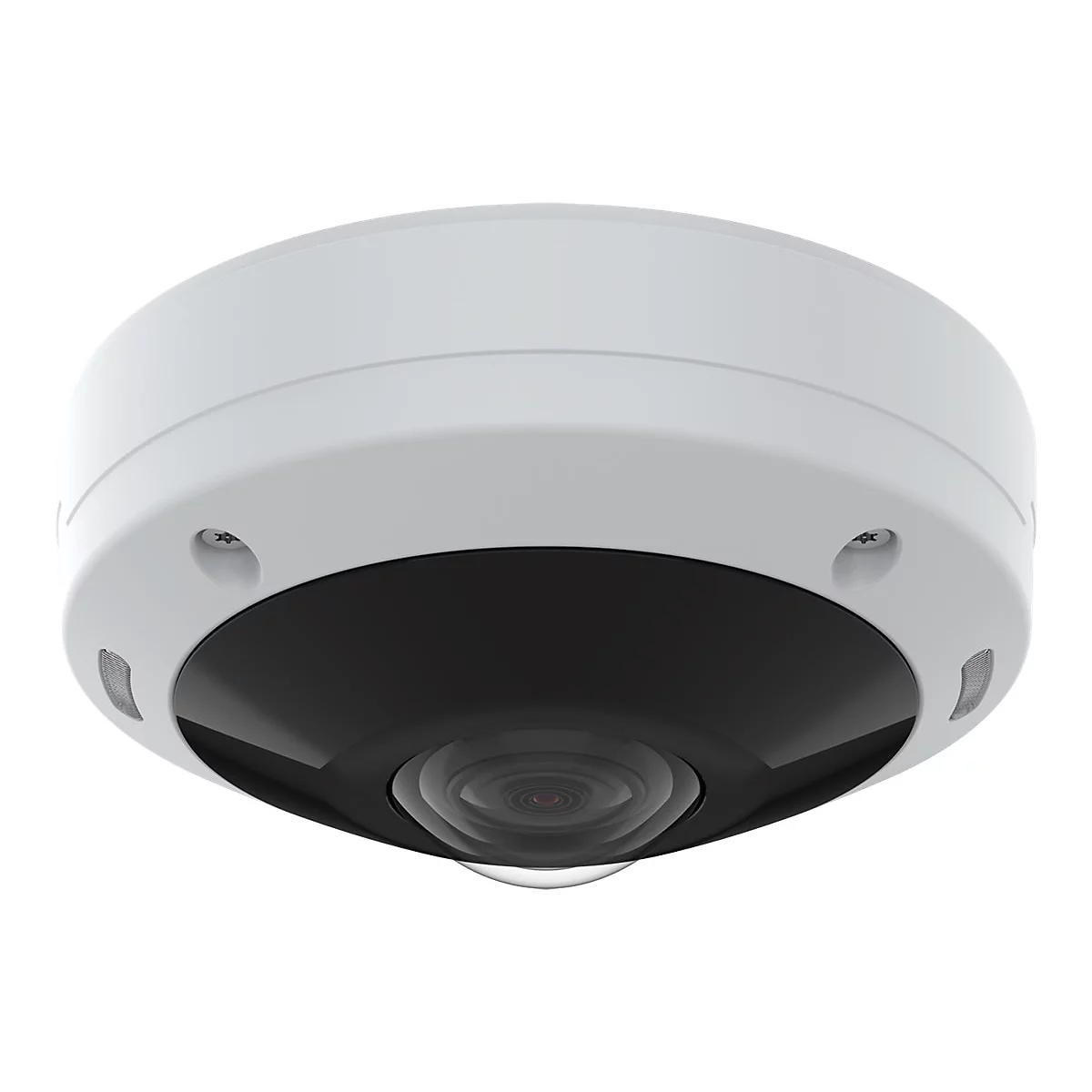 Une caméra de sécurité blanche et ronde, prise de vue d'en bas. Elle a un objectif noir et de petites lumières rondes.