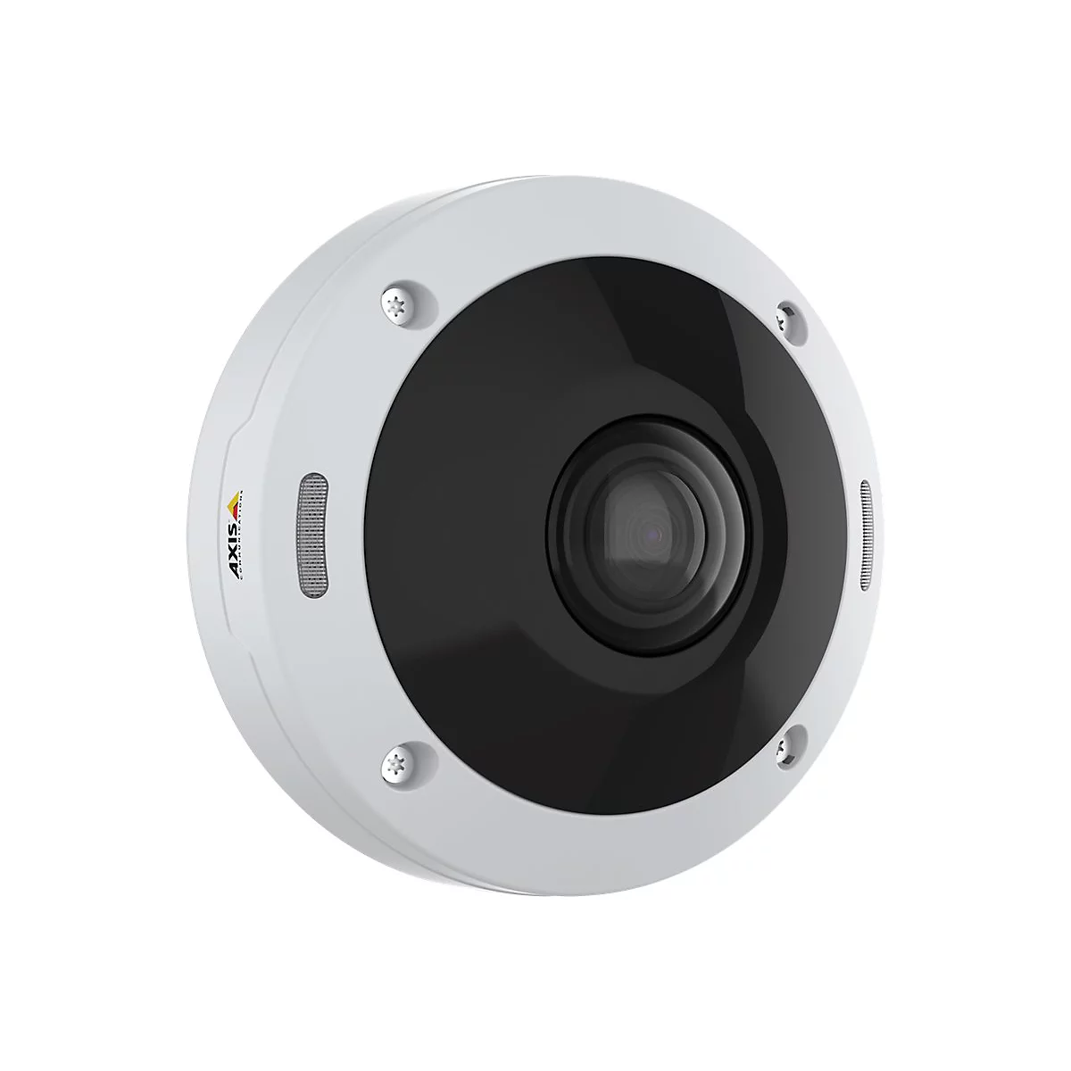 Caméra de surveillance ronde, boîtier blanc, champ de lentilles noir, marque Axis, vis argentées.