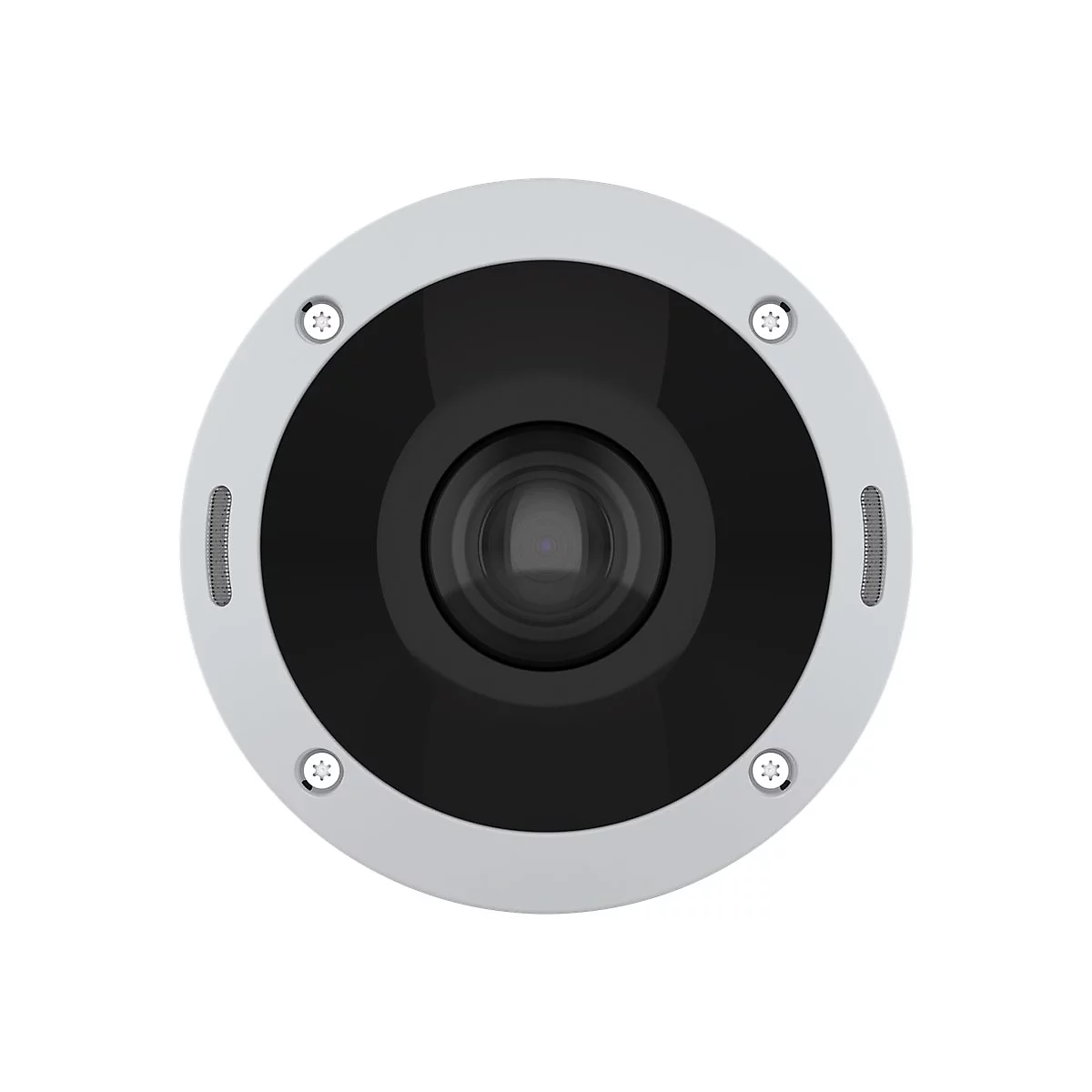 Gros plan d'une caméra de sécurité ronde et grise. L'objectif est noir, entouré d'un cadre gris avec des vis et des trous pour le haut-parleur.