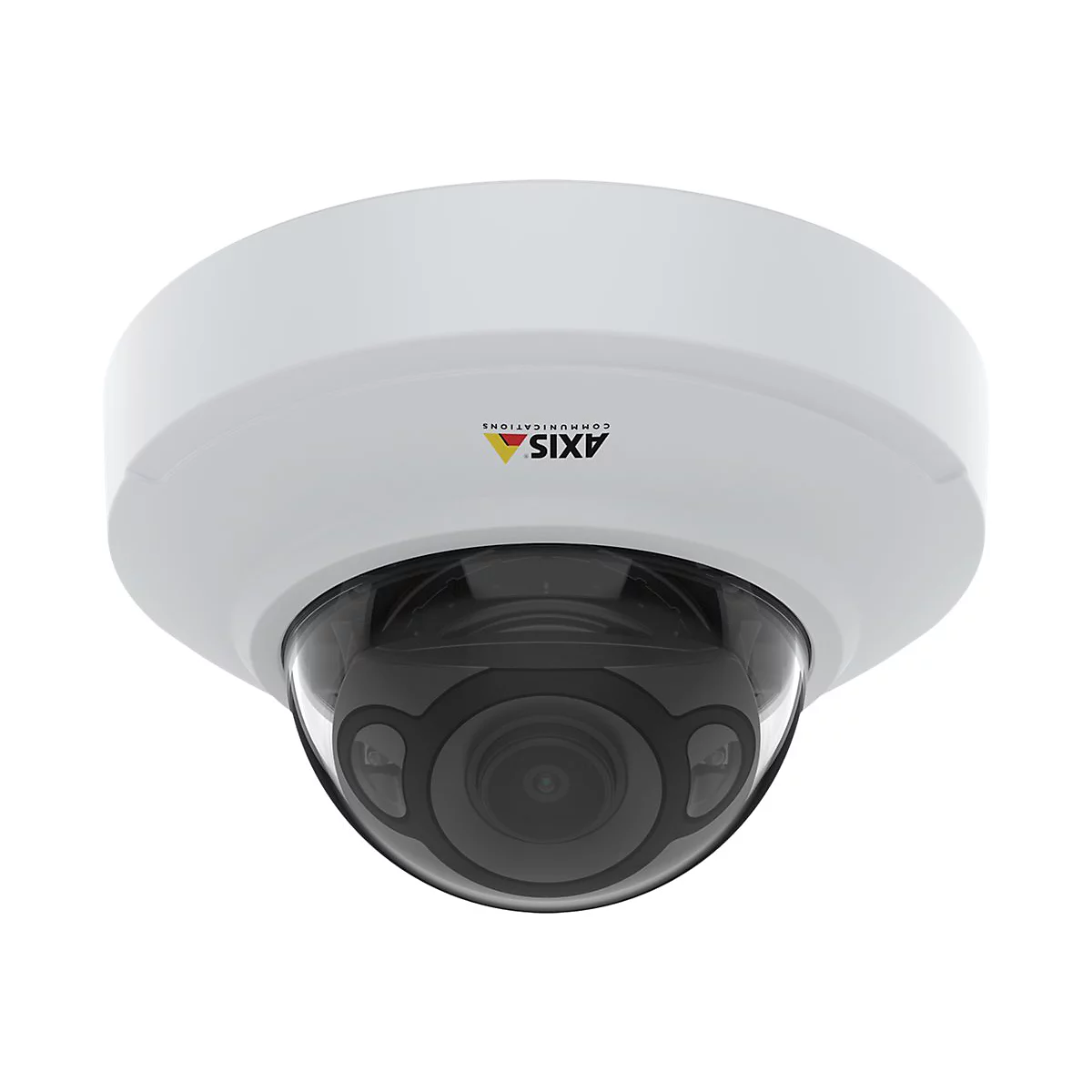 Caméra de sécurité blanche avec dôme noir. Logo AXIS.