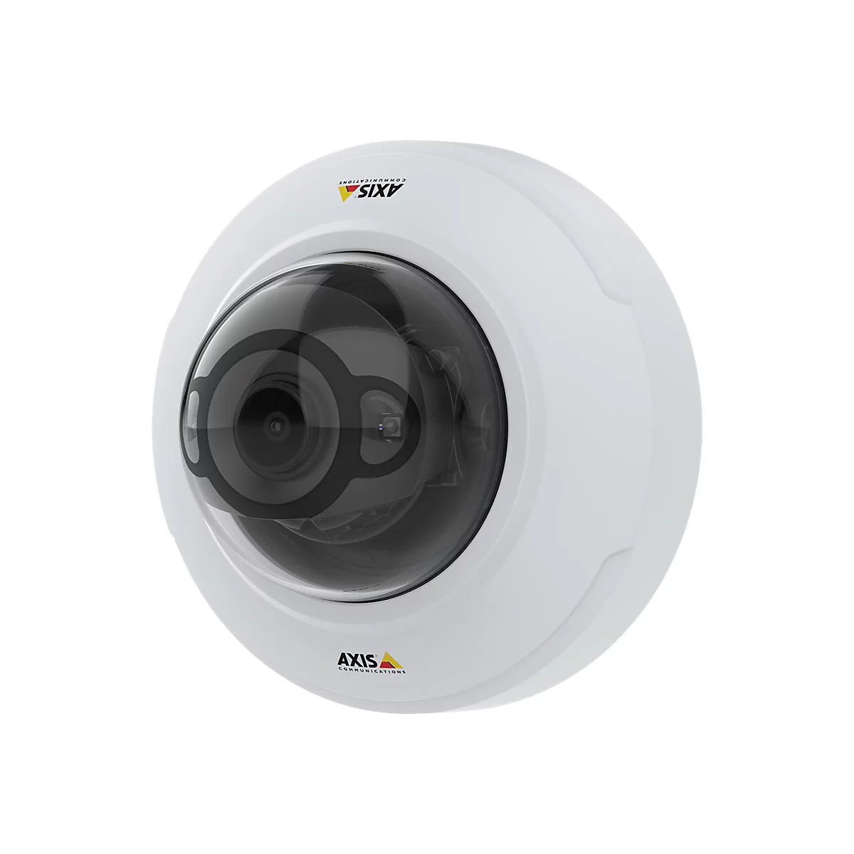 Caméra de sécurité blanche avec dôme noir et logo AXIS.