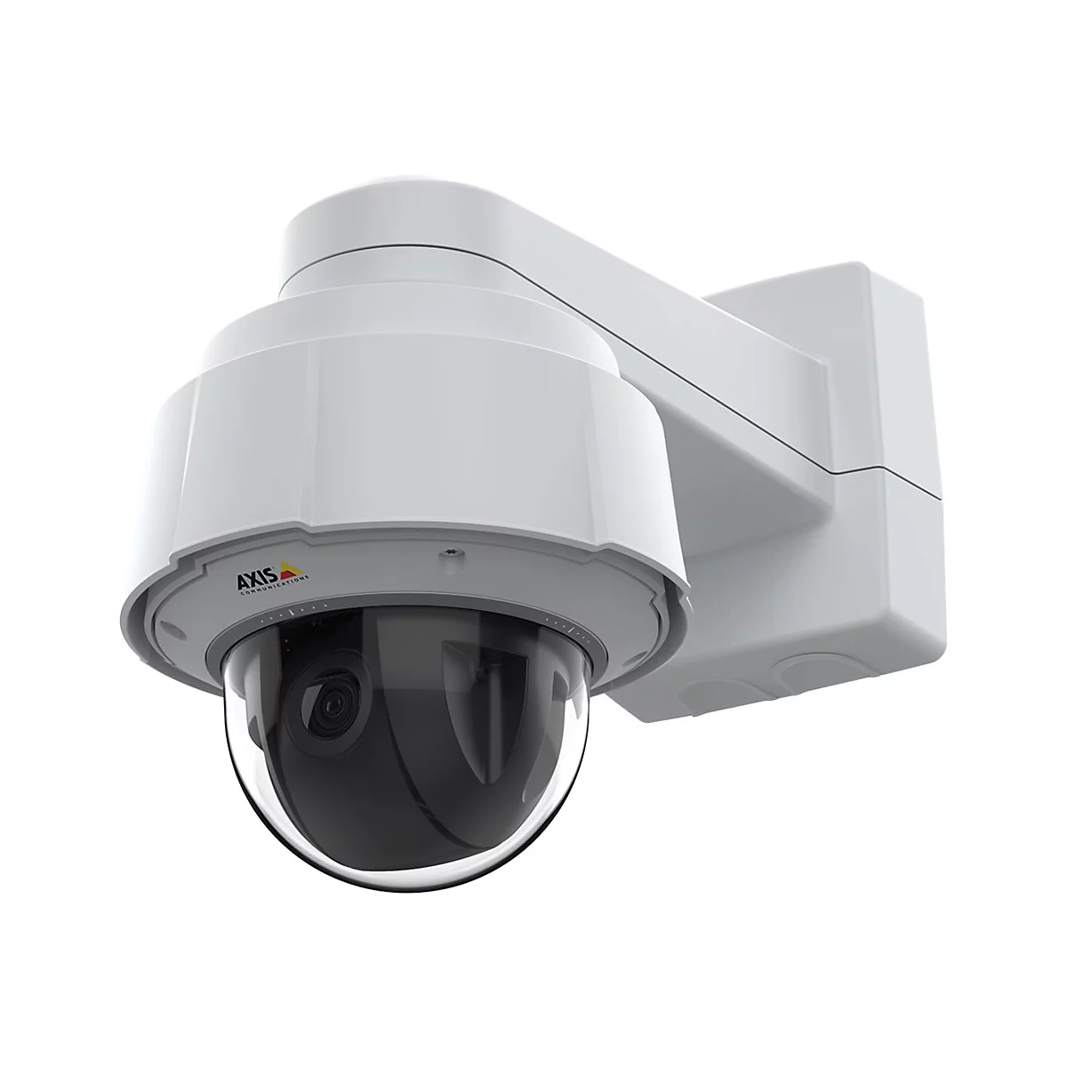 Caméra de sécurité blanche sur un support mural avec objectif en dôme transparent, logo Axis Communications.