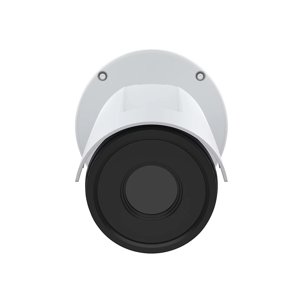 Vue de dessus d'une caméra de surveillance blanche. La caméra a un objectif noir et une plaque de montage circulaire.