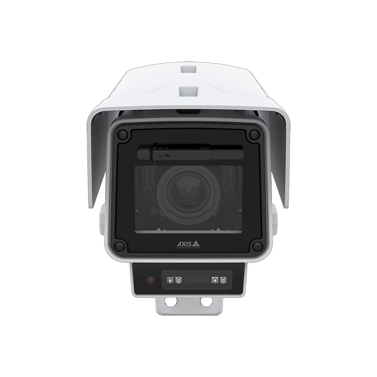 Caméra de sécurité blanche avec objectif noir et logo AXIS.