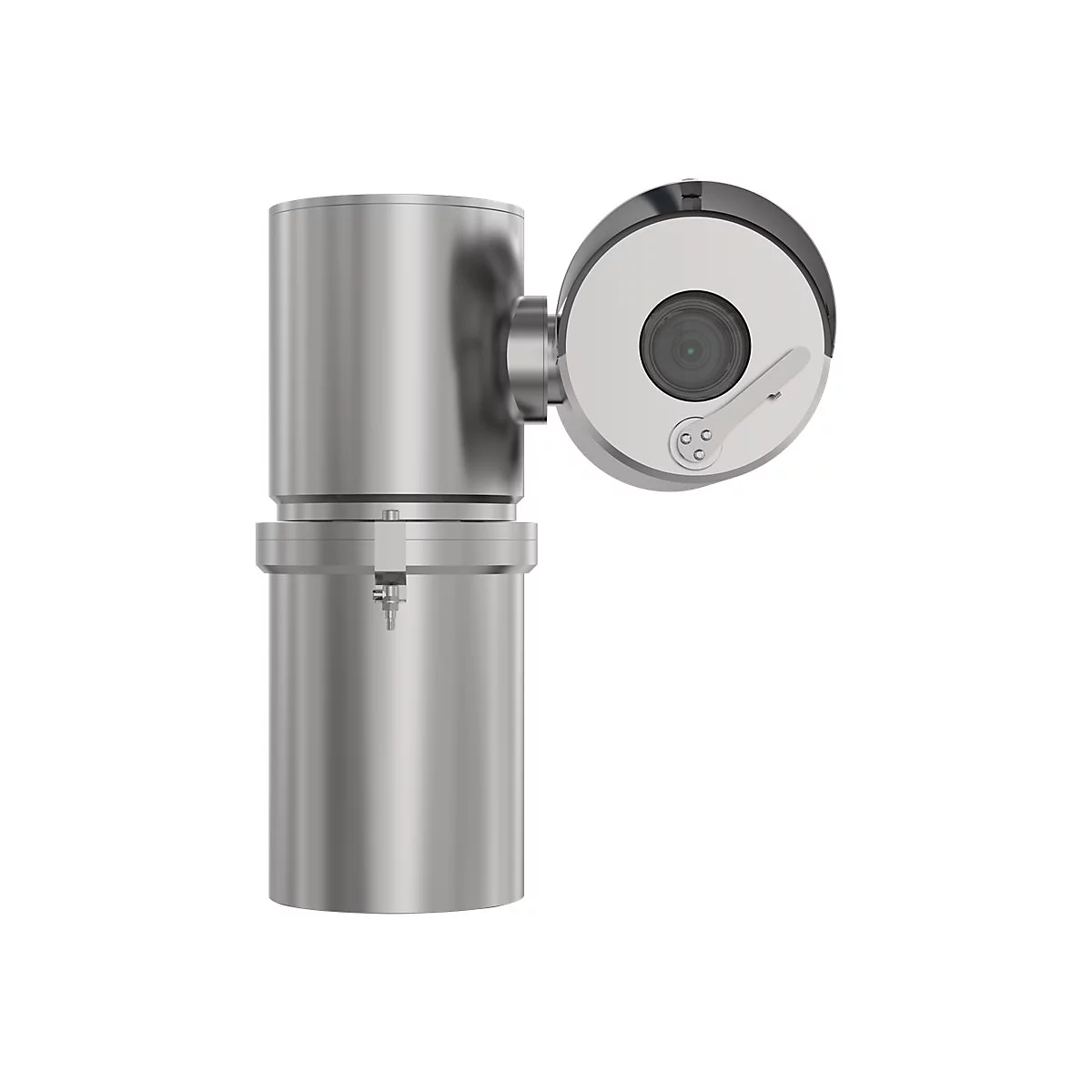 Caméra de surveillance argentée avec objectif rond, mécanisme rotatif et deux boutons.
