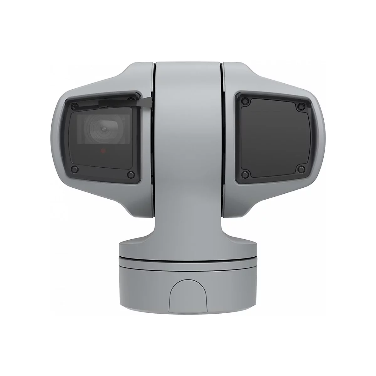 Tête de caméra à cardan grise avec deux caméras noires et un objectif.