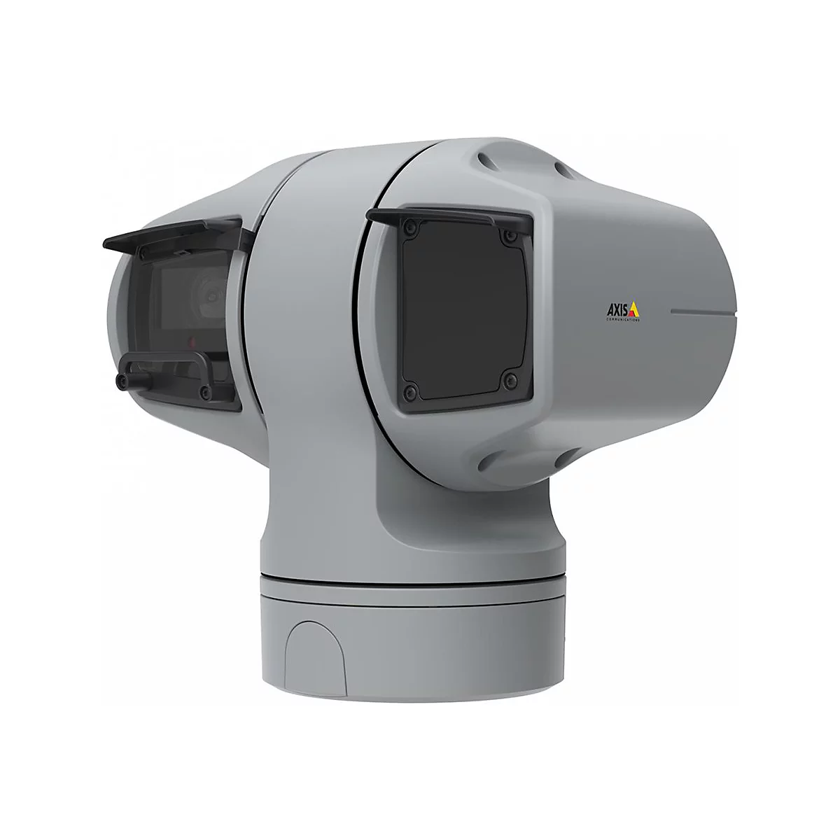 Caméra de surveillance grise avec deux lentilles et protection solaire. Inscription AXIS COMMUNICATIONS.