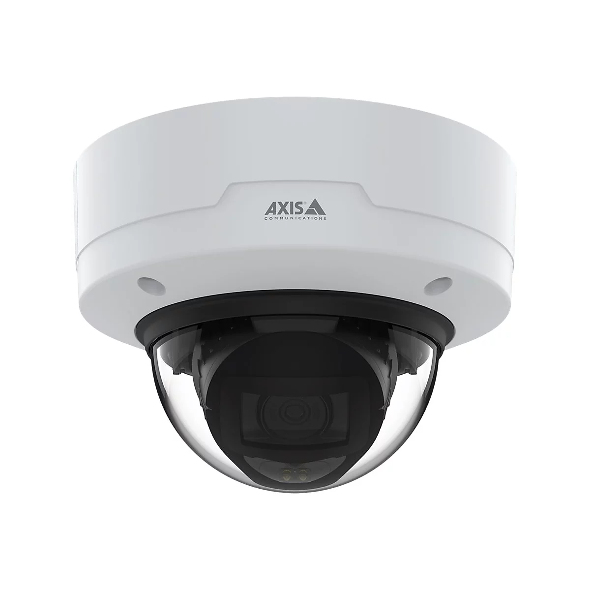 Caméra de sécurité blanche avec dôme noir et logo.