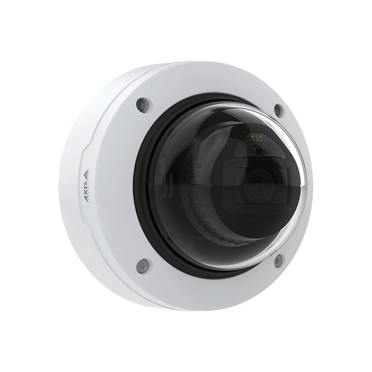 Caméra de sécurité blanche avec dôme noir, vis, logo de l'entreprise.