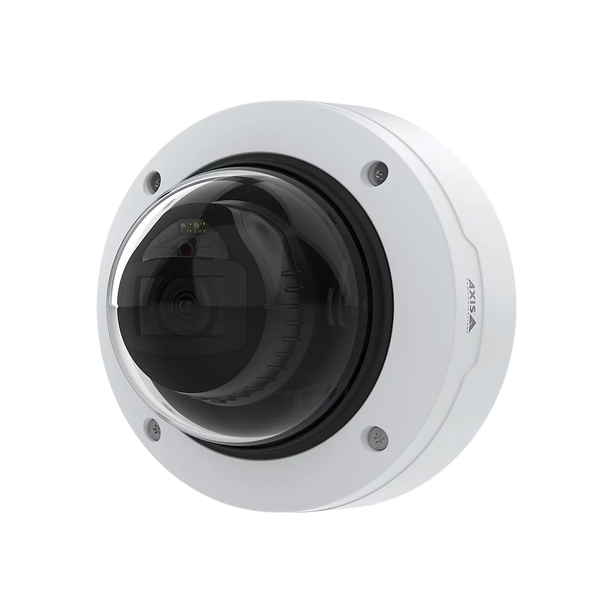 Une caméra de sécurité blanche avec un objectif noir en forme de dôme sur fond blanc. Le logo Axis est visible.