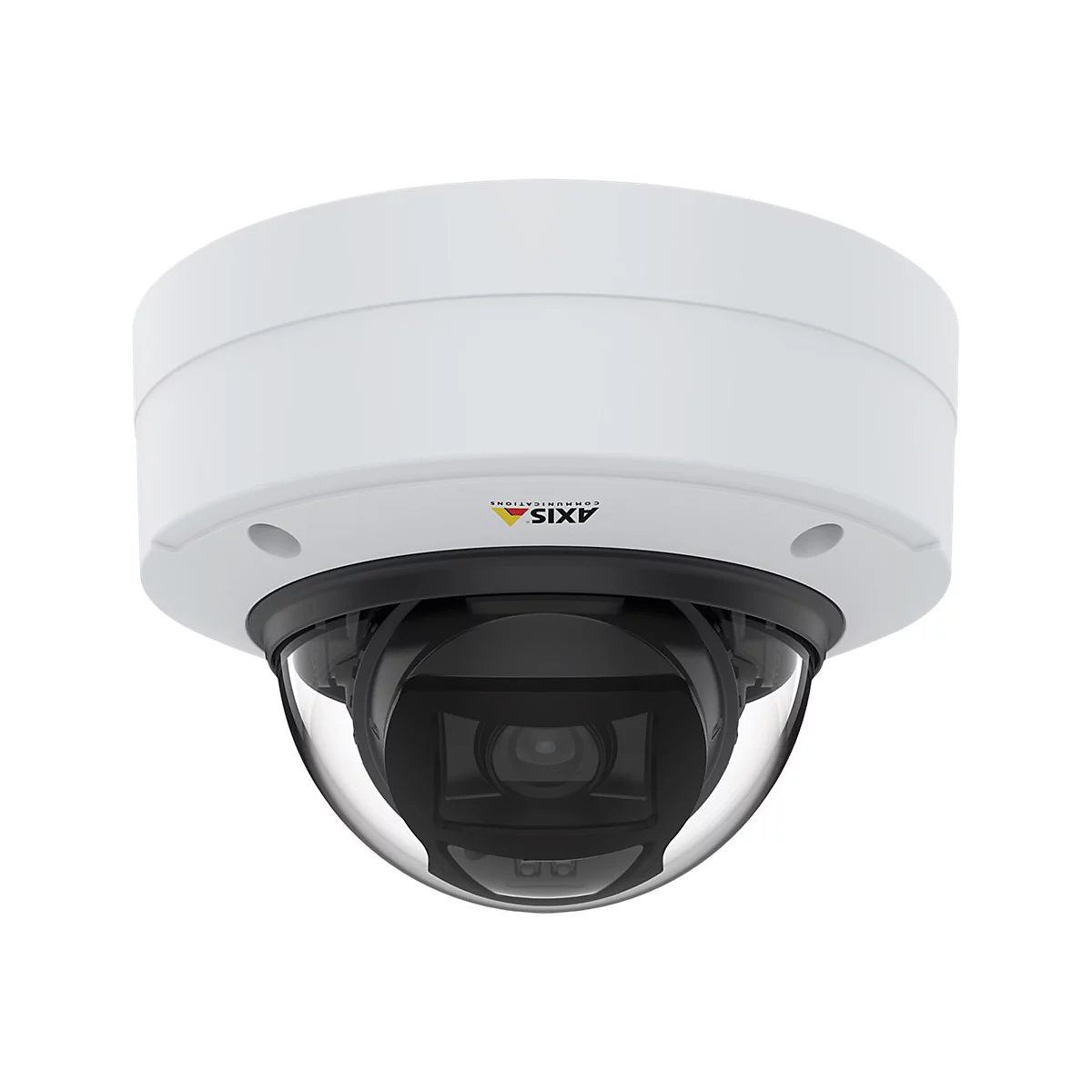 Caméra de surveillance blanche avec objectif noir et dôme. Le logo 'AXIS COMMUNICATIONS' est visible.