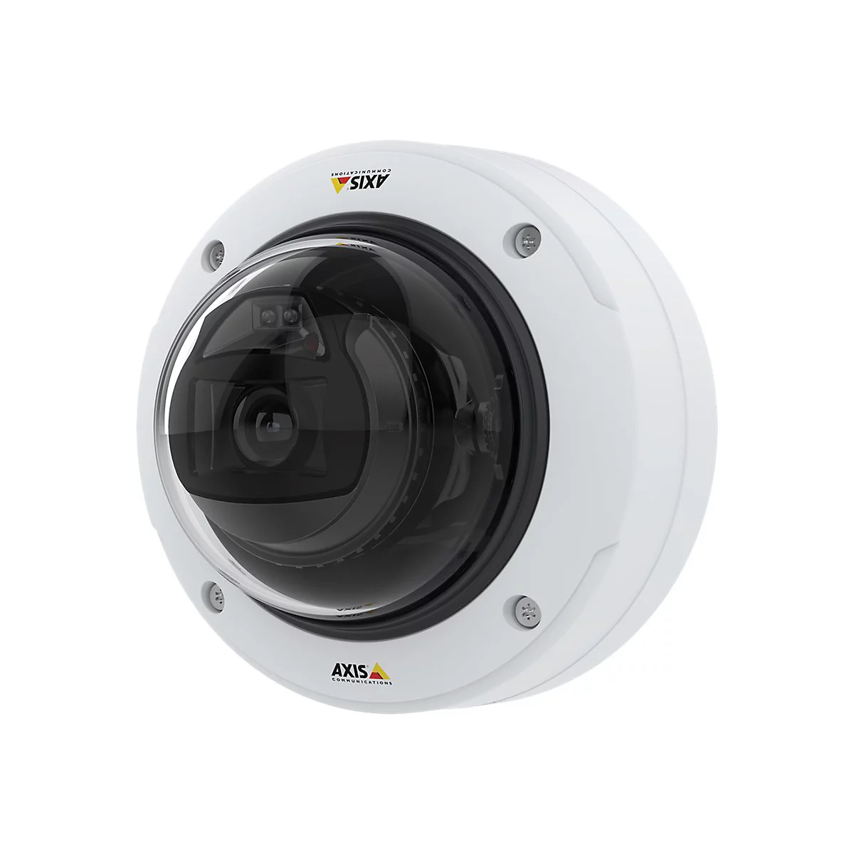 Caméra de sécurité blanche avec objectif et dôme noirs. Avec logo : AXIS COMMUNICATIONS.