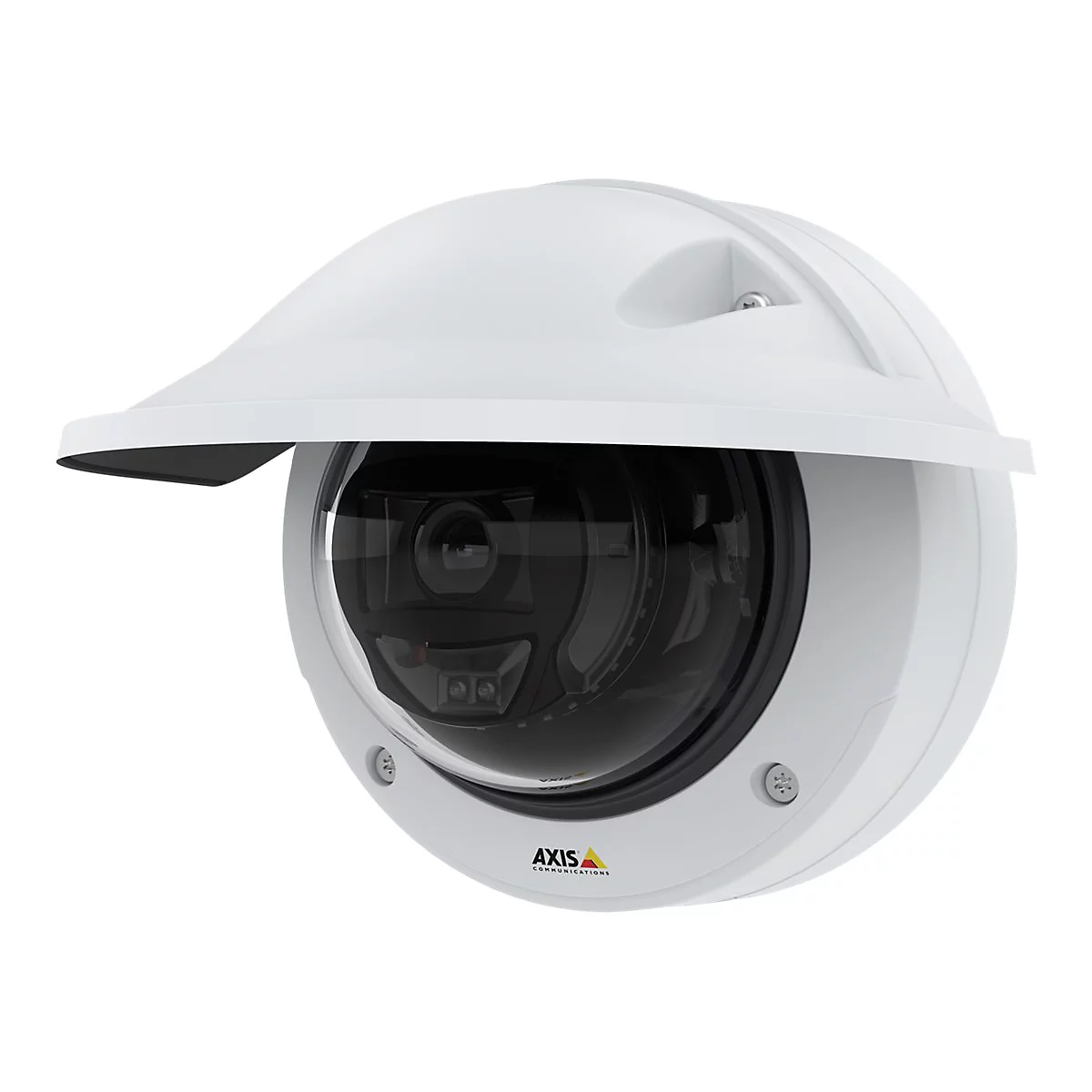 Caméra de sécurité blanche avec pare-soleil. Lentilles noires avec logo 'AXIS COMMUNICATIONS'.