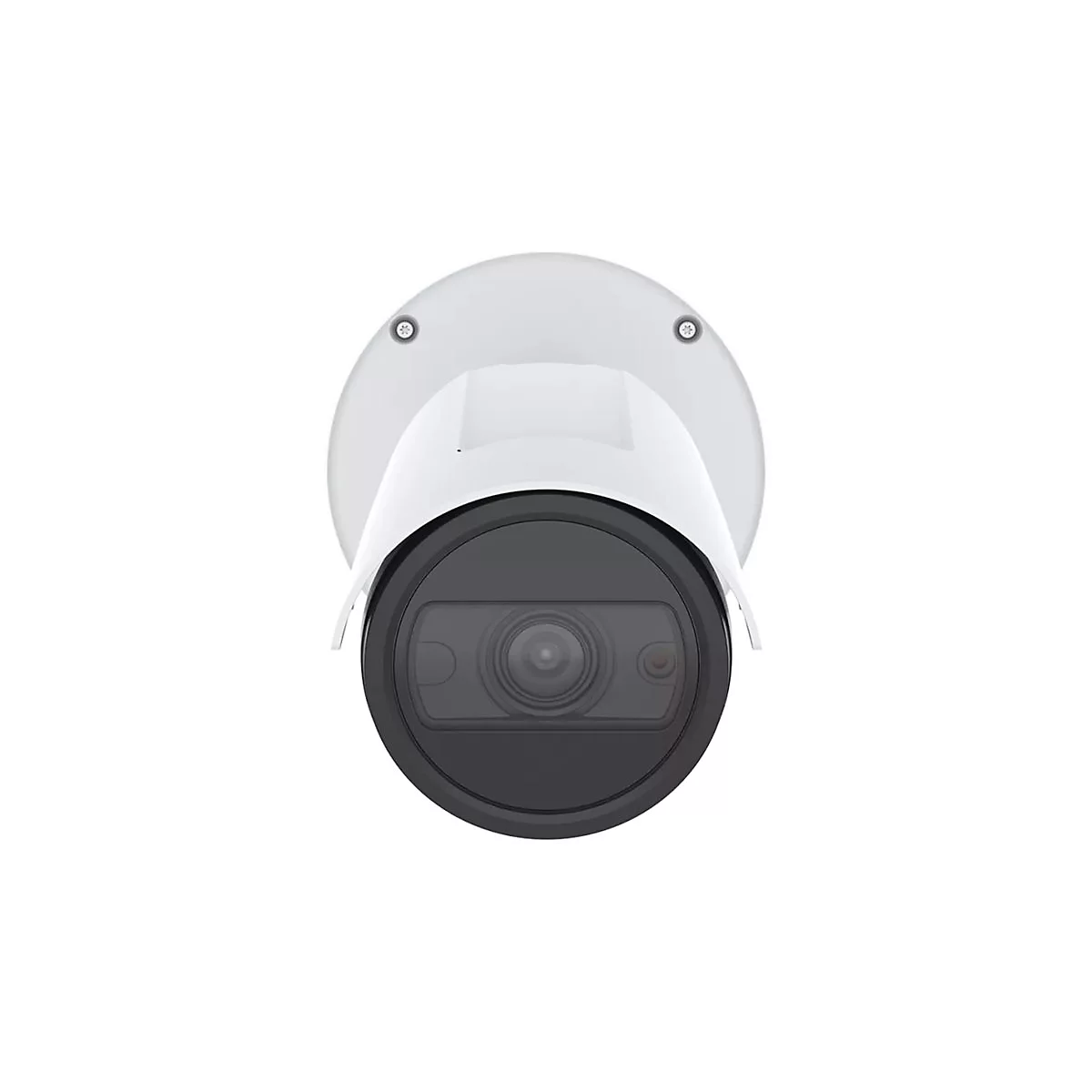 Gros plan d'une caméra de surveillance blanche avec un objectif noir sur fond blanc.