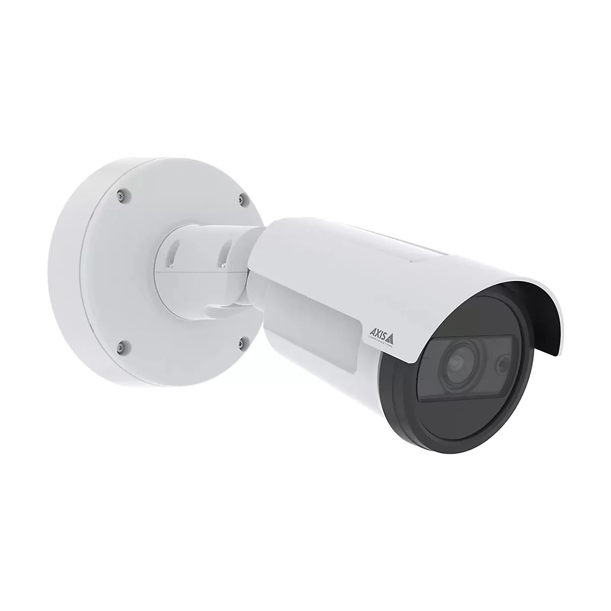 Une caméra de sécurité blanche avec une lentille noire sur fond blanc. Le logo "Axis Communications" est visible.