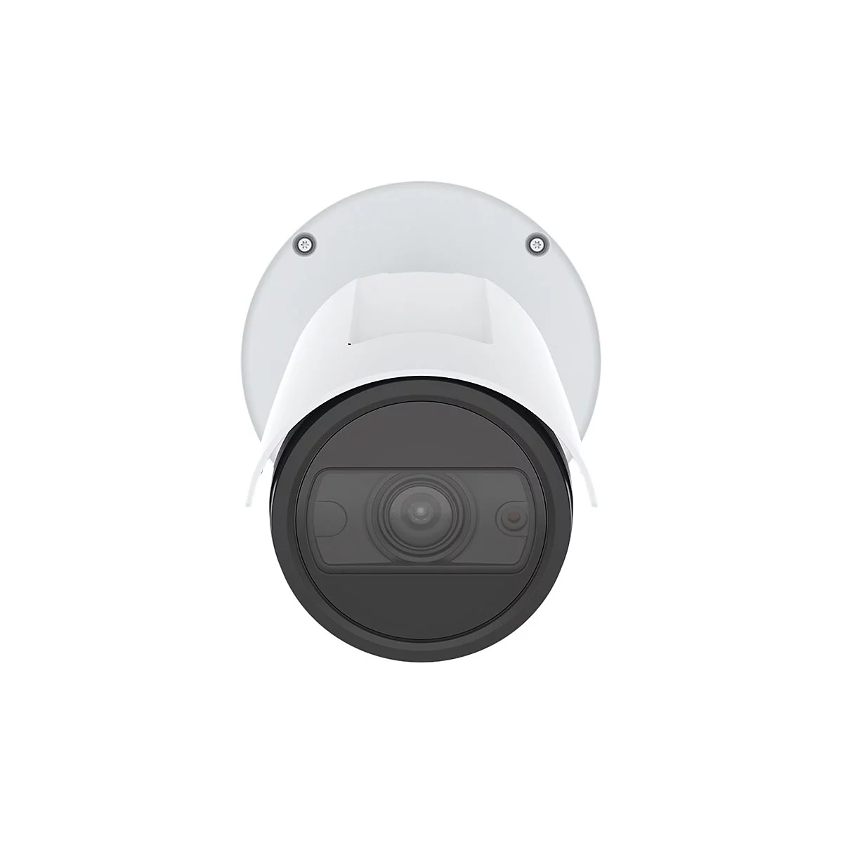 Gros plan d'une caméra de surveillance blanche avec un objectif noir, montée sur un support blanc rond.