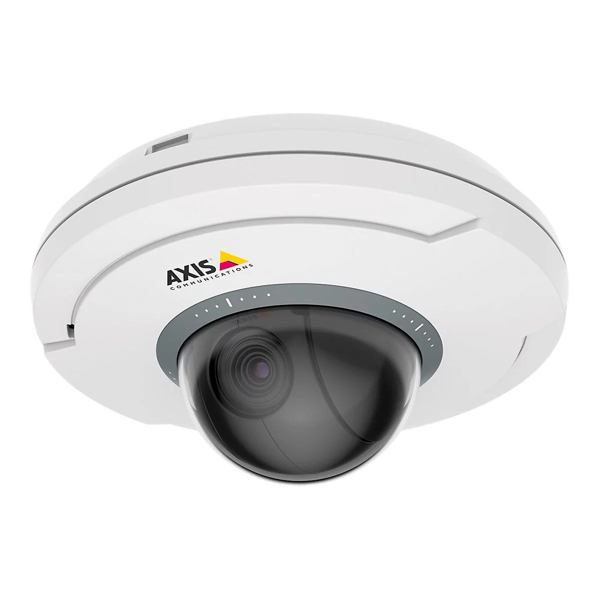 Caméra blanche et grise avec dôme noir. Logo AXIS Communications.