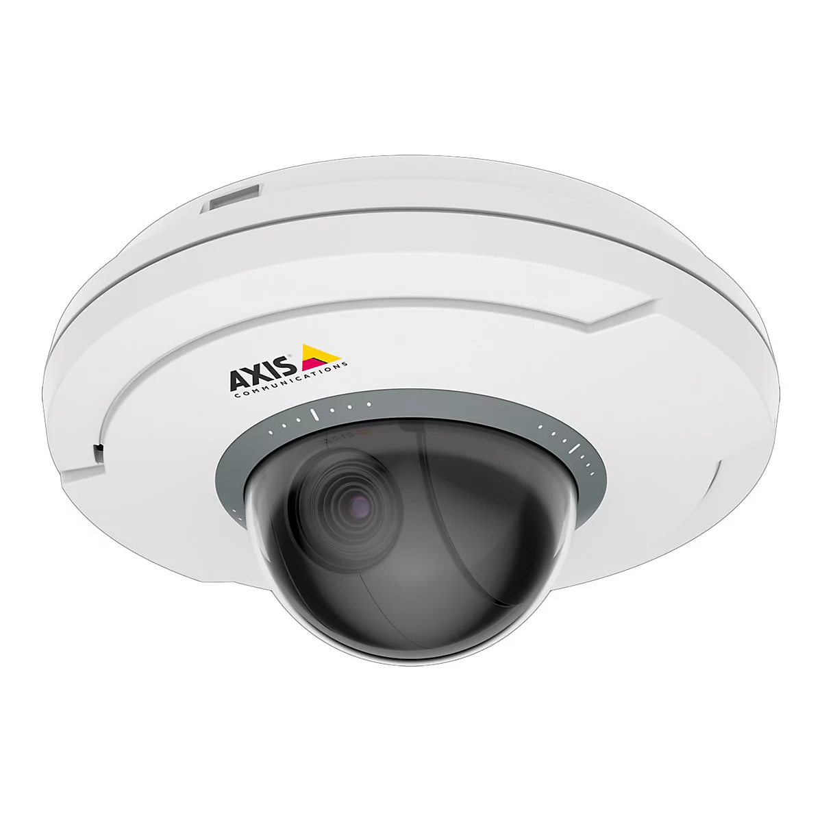 Caméra de sécurité AXIS blanche avec dôme noir et logo.