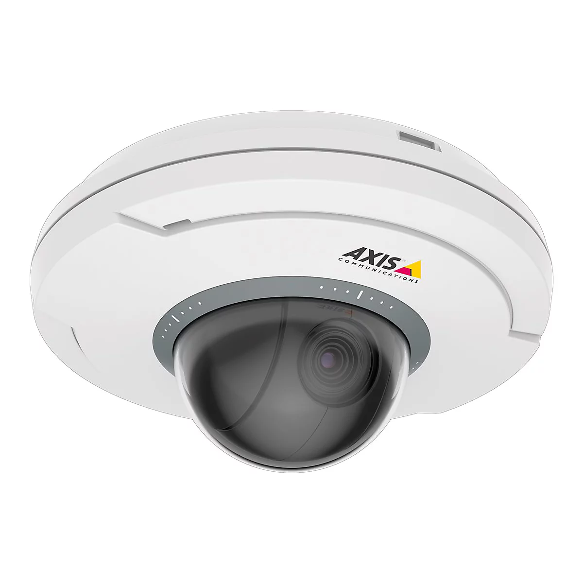 Caméra de surveillance blanche et ronde avec dôme noir et logo AXIS.