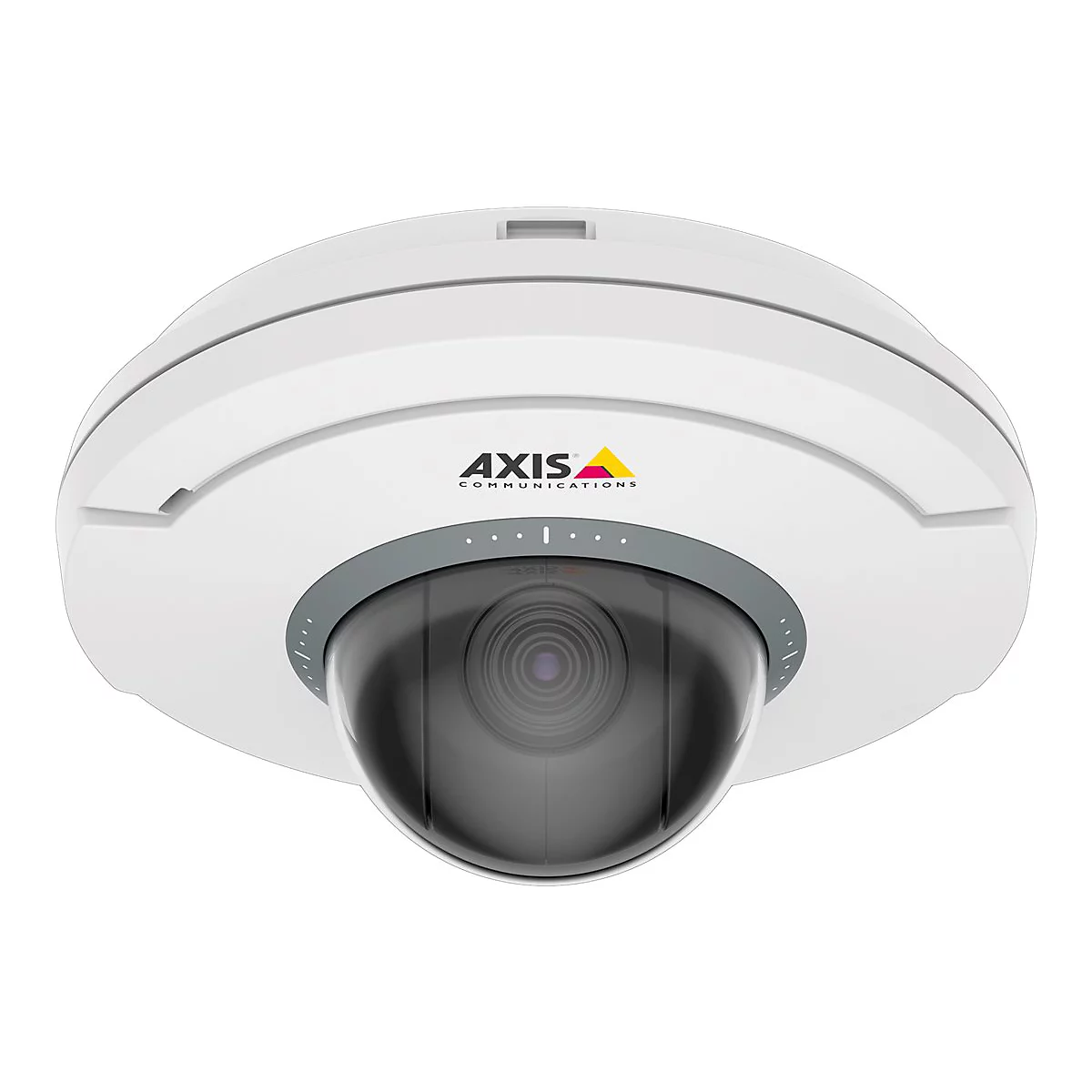 Caméra de sécurité blanche avec dôme en verre noir et logo.
