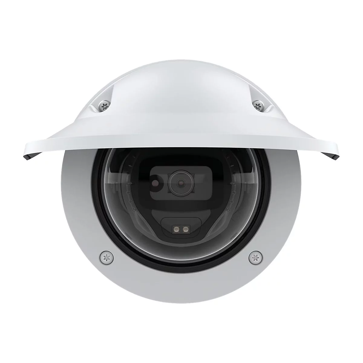 Une caméra de sécurité blanche avec une lentille en forme de dôme et un toit protecteur. La caméra est centrée sur un fond blanc.