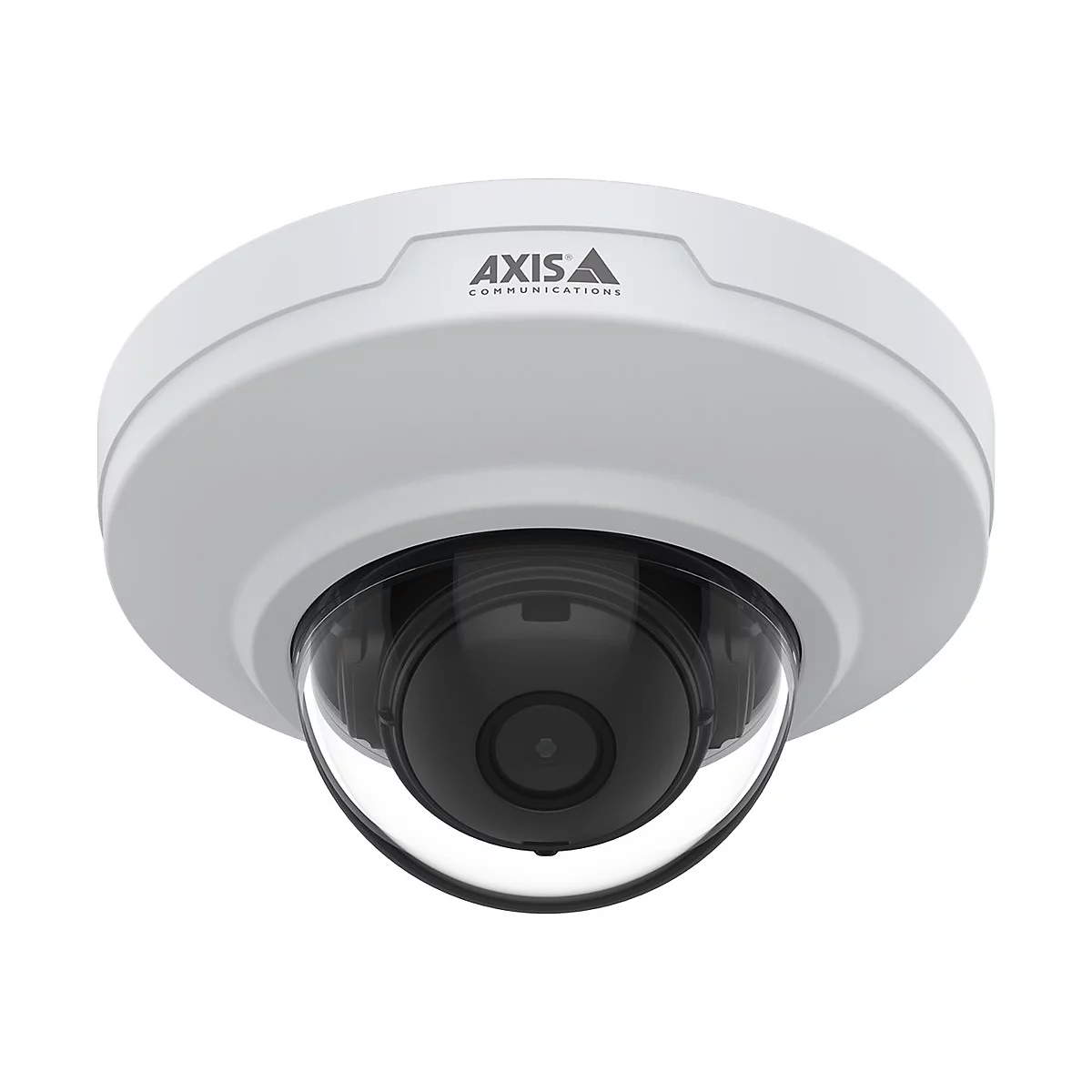 Caméra de surveillance blanche avec dôme noir et logo AXIS.