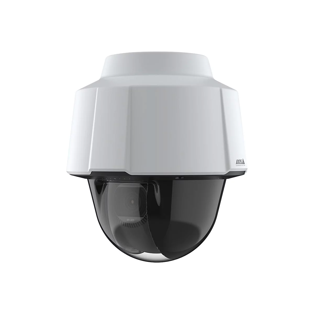 Caméra de surveillance blanche avec dôme noir, lumières LED infrarouges et logo AXIS.